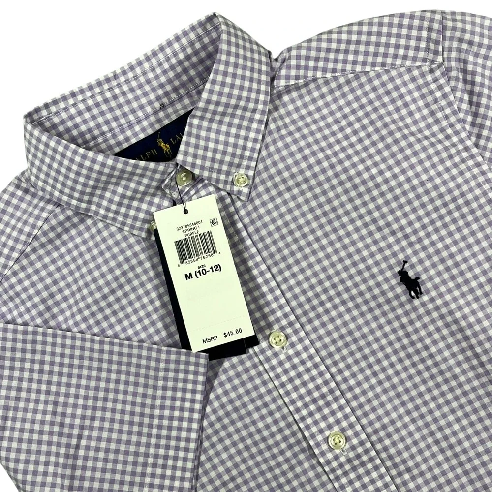 Ralph Lauren Natural Stretch Button Down Boy's‎ M (10-12) Gingham Check *Flaw